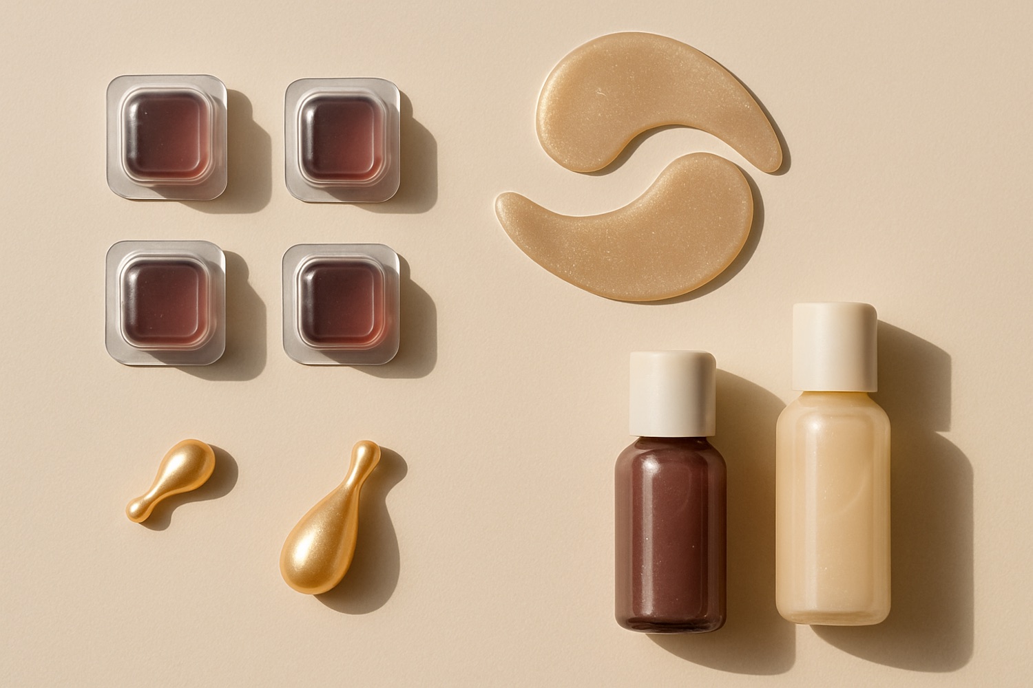 Assorted small-dose beauty products: mouthwash pods, hydrogel eye masks, serum capsules and travel minis