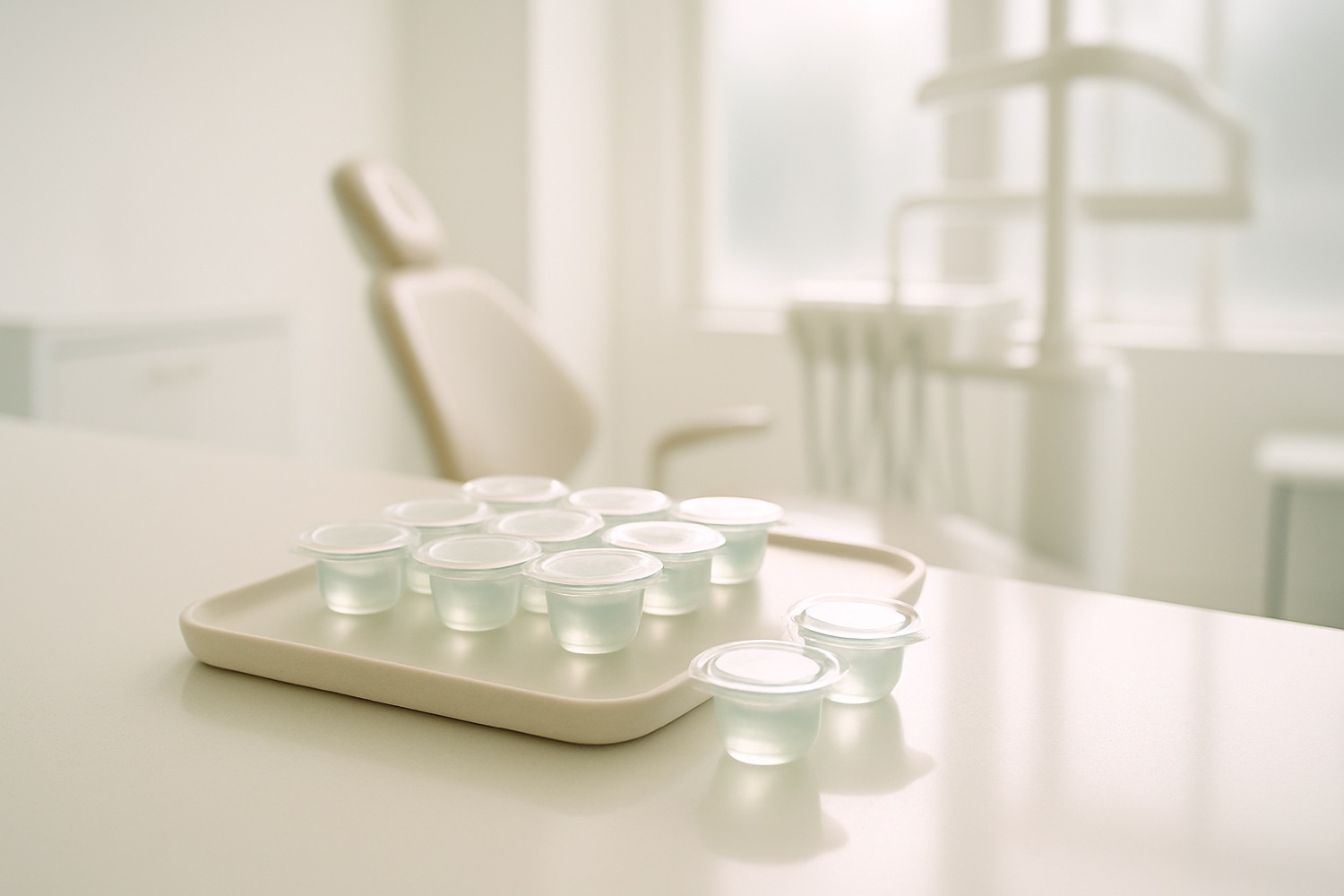 Mouthwash pods in a dental clinic